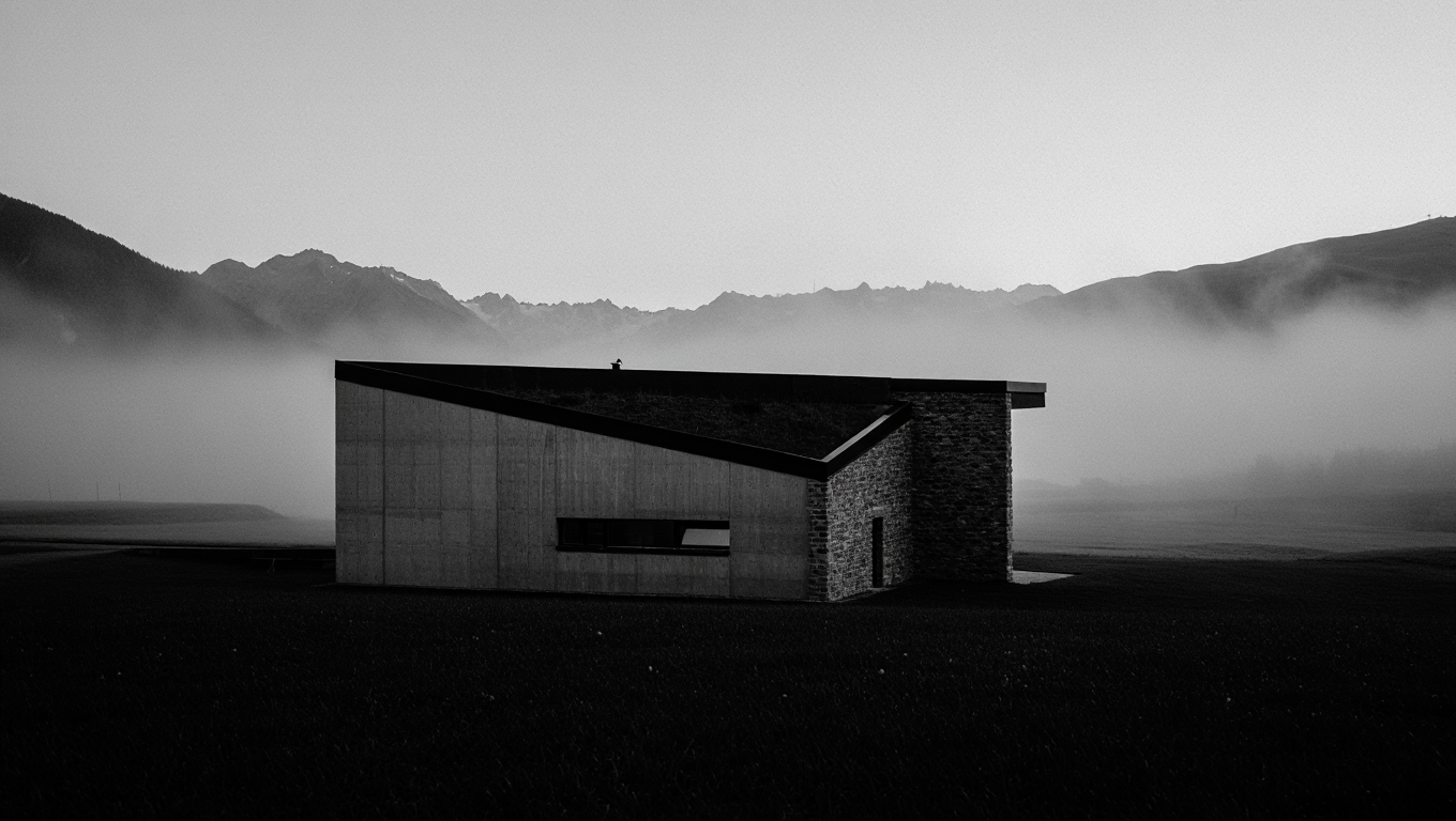 Architectural study of a minimal building against a mountain landscape