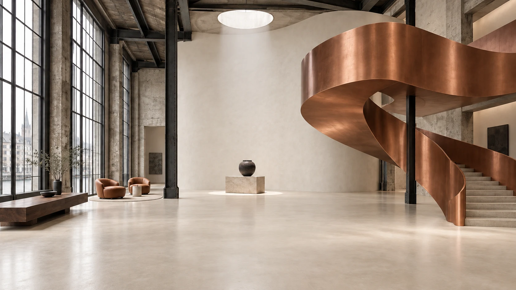Gallery space with a sculptural copper staircase and pale stone