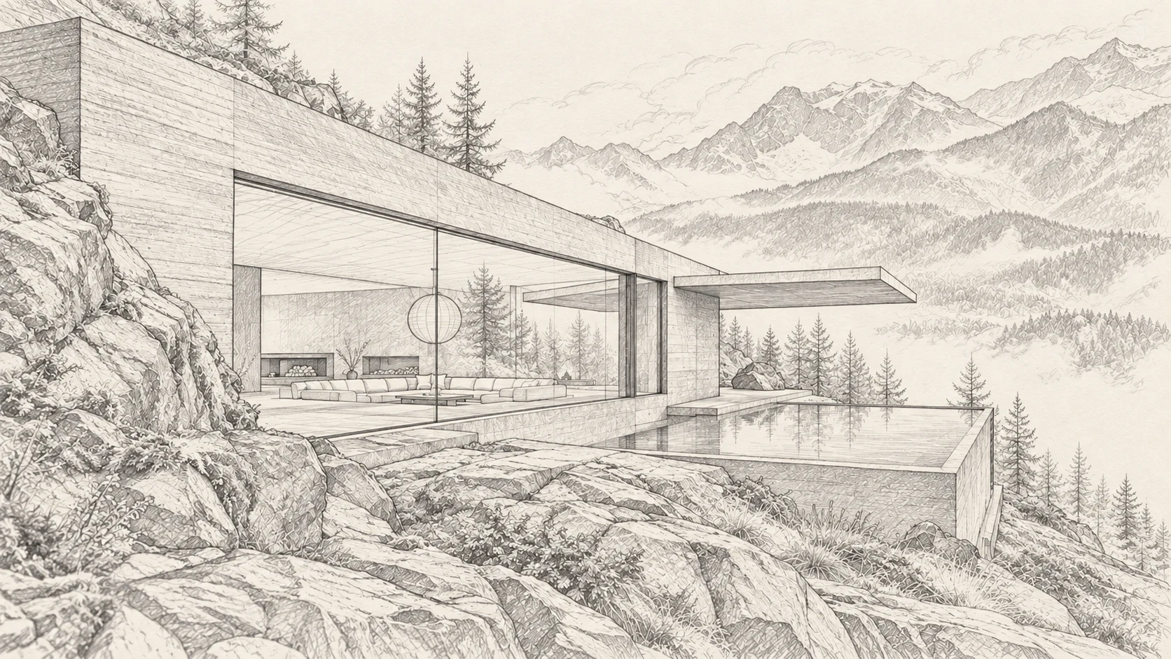 Architectural sketch of an open pavilion on an alpine slope