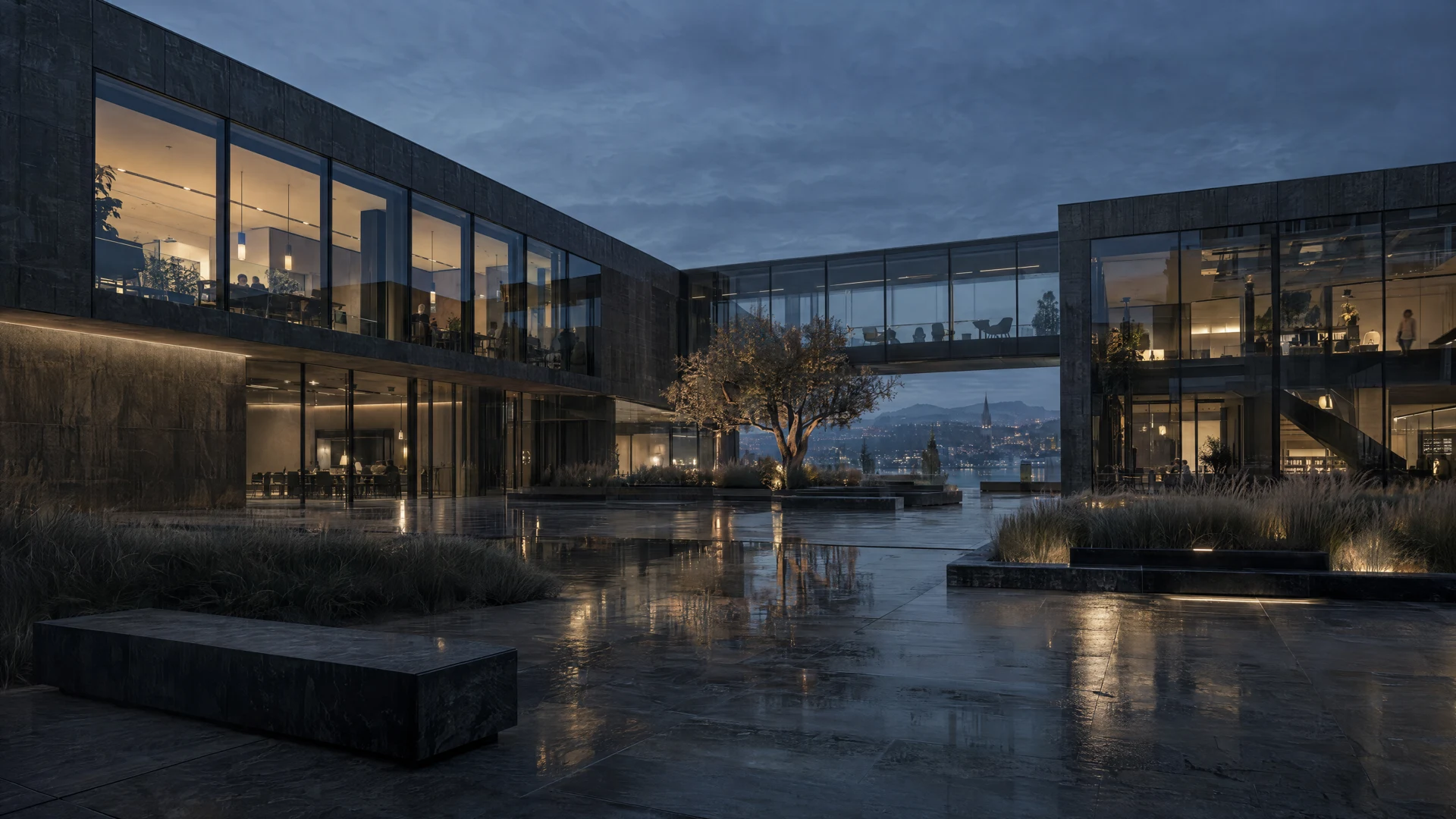 Architectural concept of an illuminated office campus