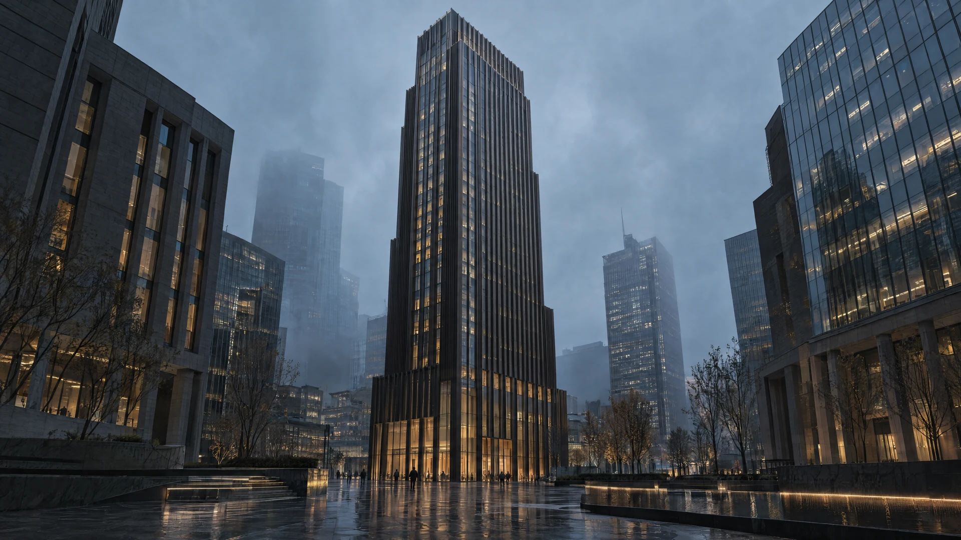 Office tower with an articulated facade in warm sunlight