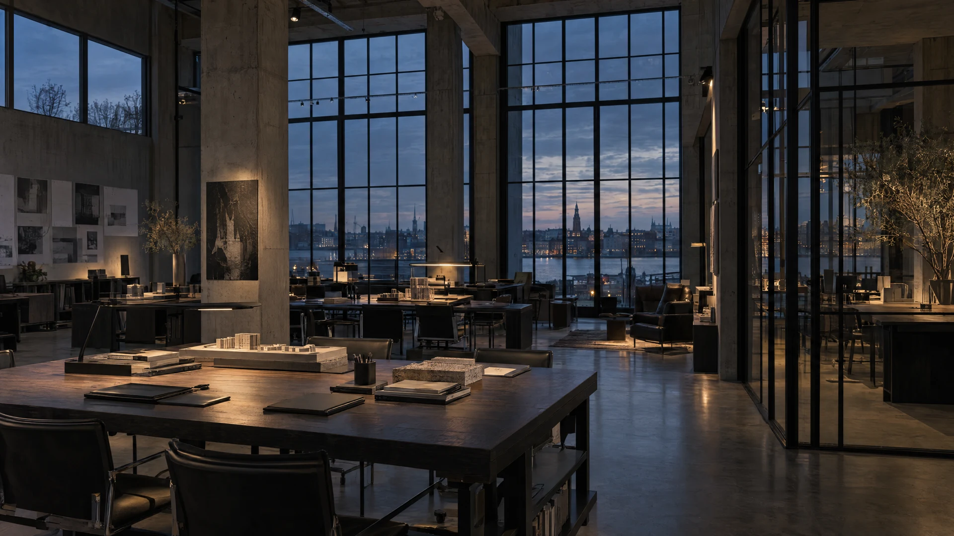 Creative architecture studio with designs and material samples