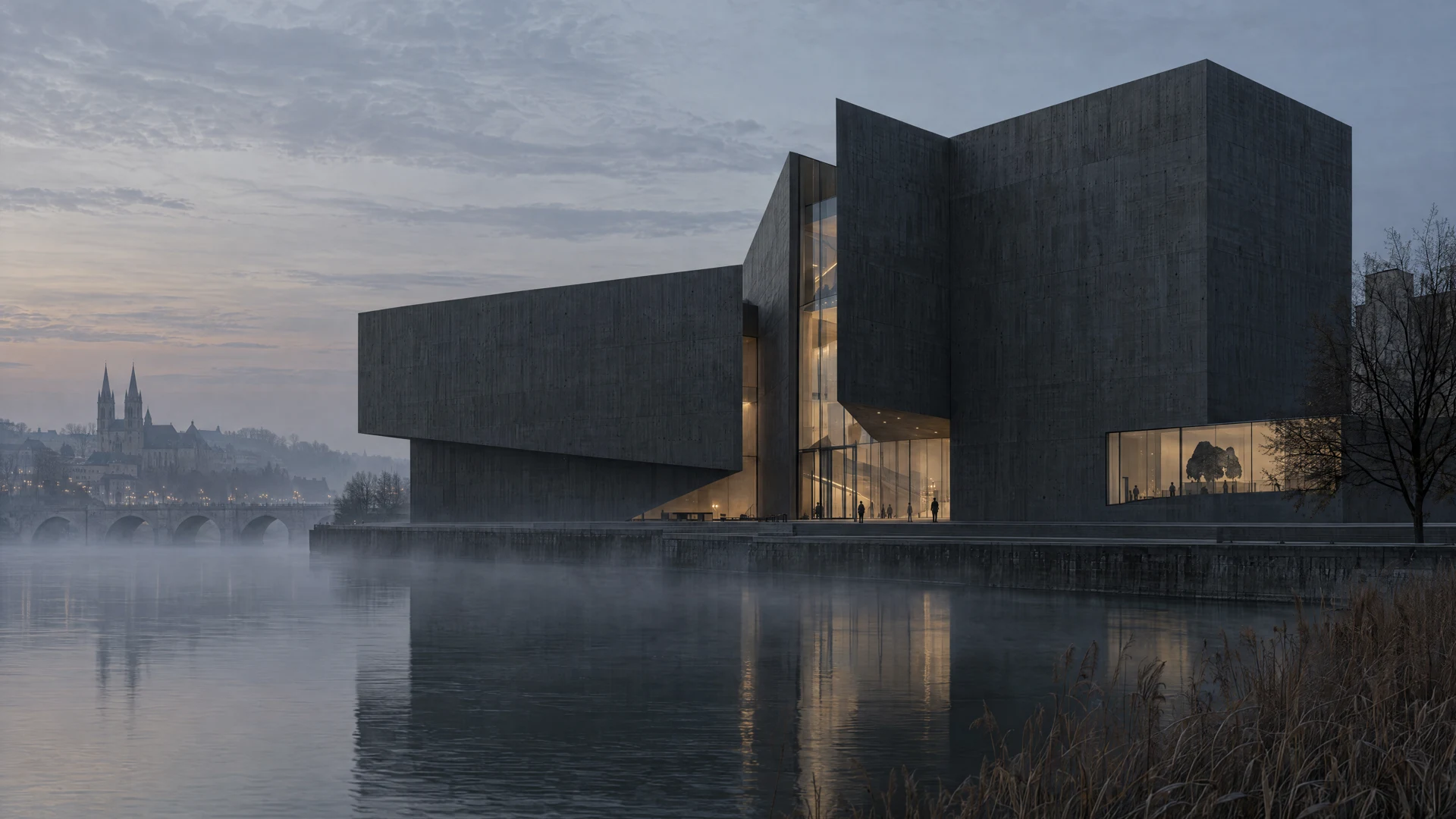 Museum interior with sculptural architecture and generous openings for light