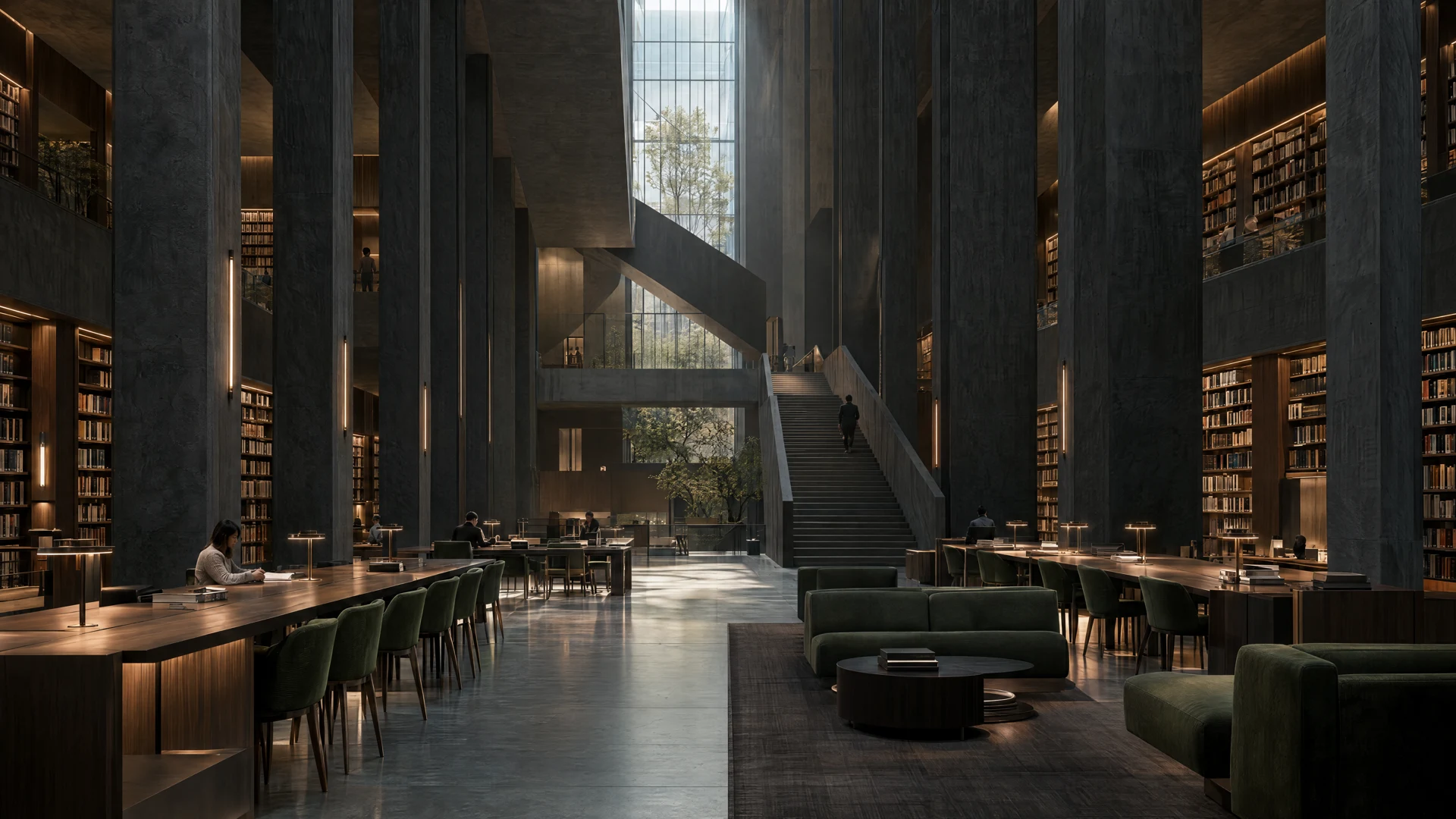 Library with tall shelves and light-filled reading areas