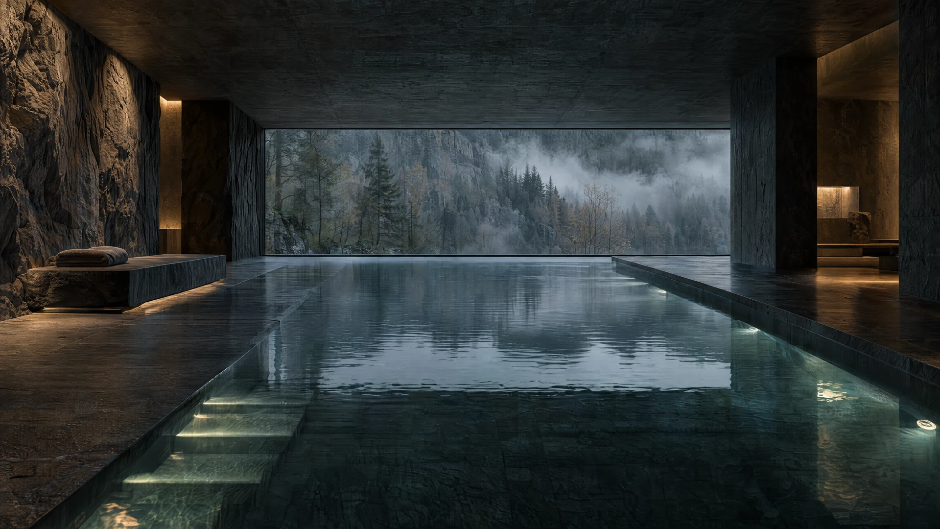 Quiet wellness space with water and mineral surfaces