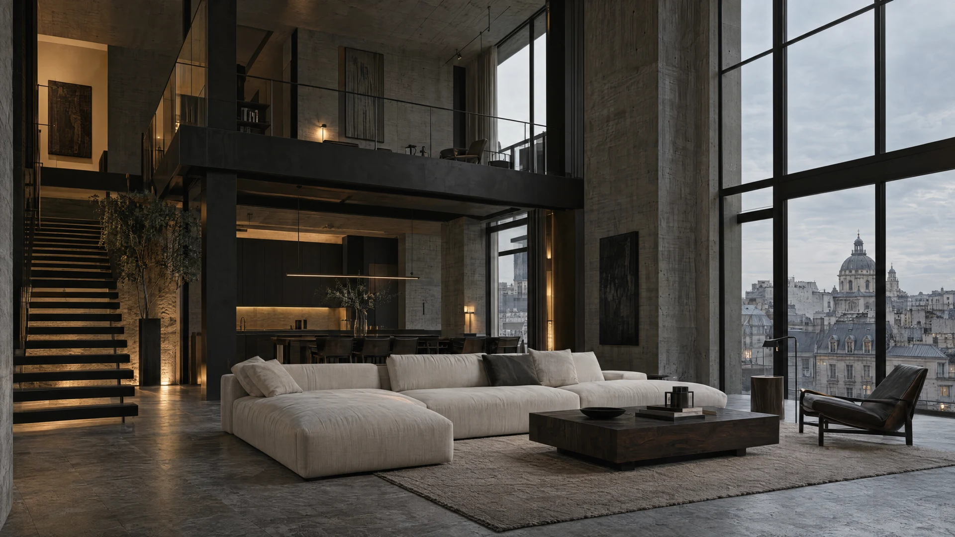 Illustrative furnished loft concept with an open gallery